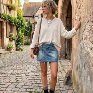 Classic Blue Denim Mini Skirt with Frayed Hem